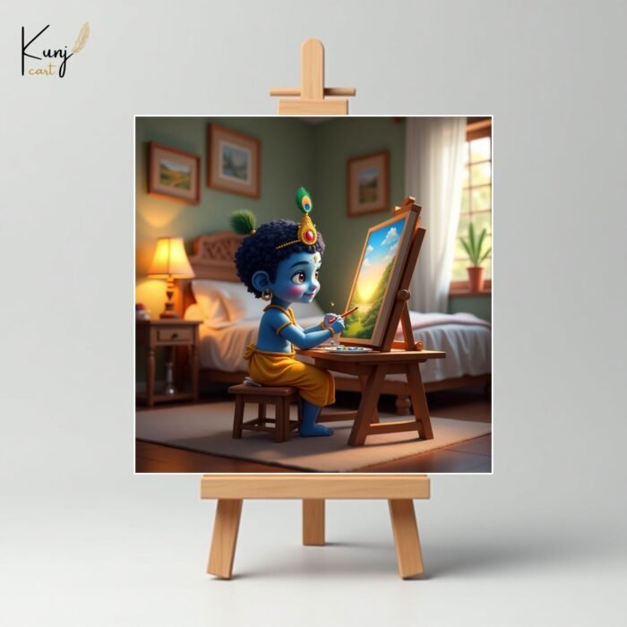 Baby Krishna Mini Canvas Painting (4x4 Inches) with Wooden Easel Stand 2