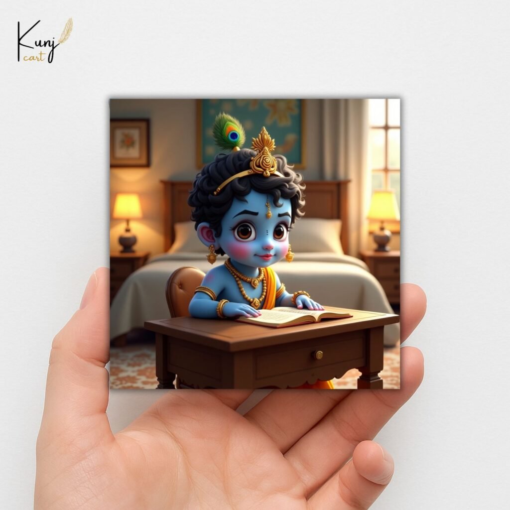 Baby Krishna Mini Canvas Painting (4×4 Inches) with Wooden Easel Stand 6