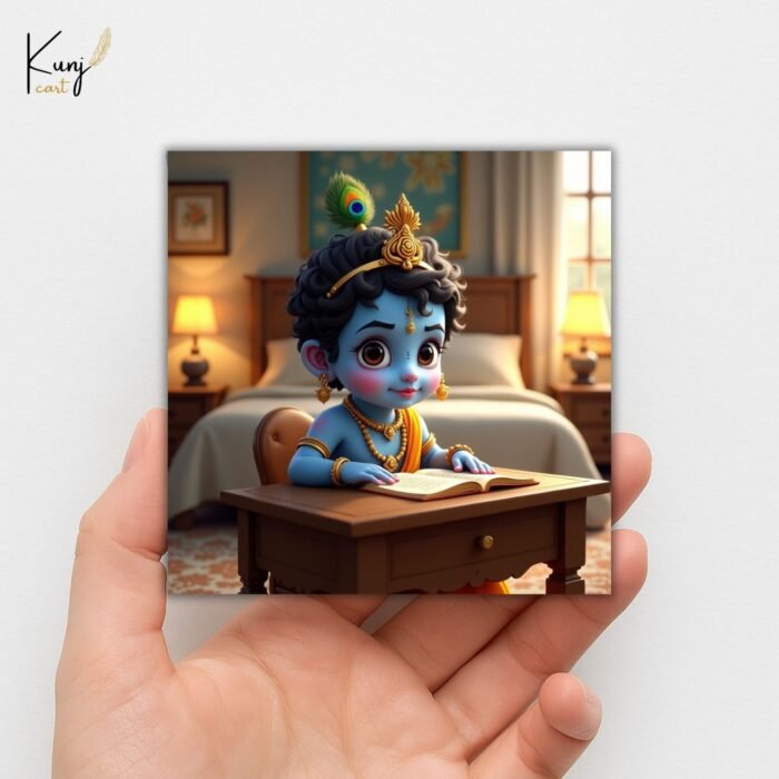 Baby Krishna Mini Canvas Painting (4x4 Inches) with Wooden Easel Stand 4