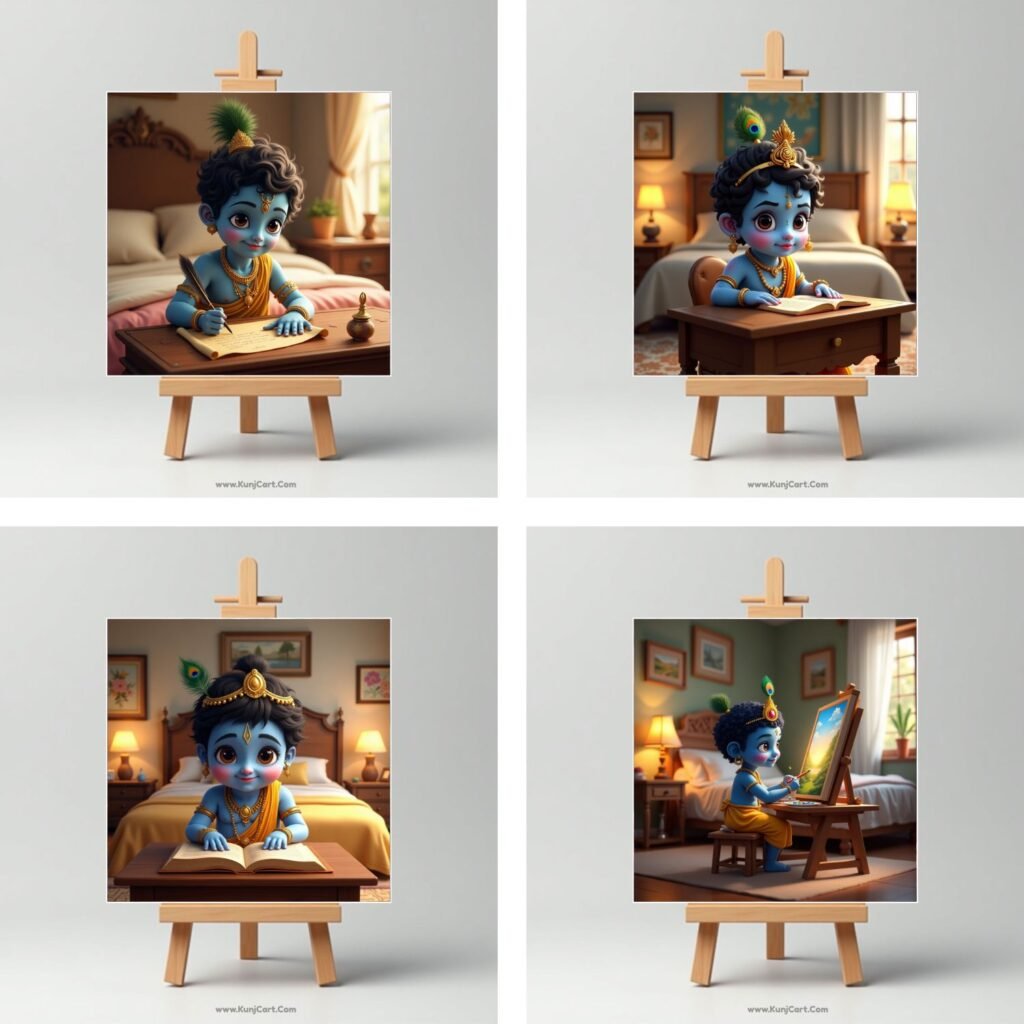 Baby Krishna Mini Canvas Painting (4×4 Inches) with Wooden Easel Stand 6