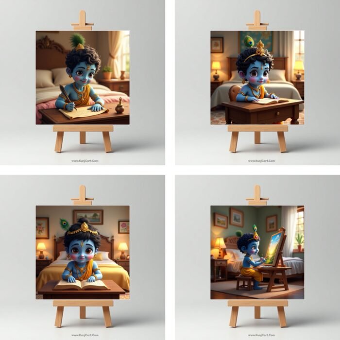 Baby Krishna Mini Canvas Painting (4x4 Inches) with Wooden Easel Stand 5