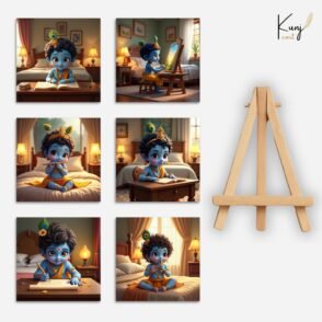 Kunjcart Baby Krishna Mini Canvas Painting (4x4 Inches) with Wooden Easel Stand (6 Painting + 1 Easel Stand) – Cute Devotional Art for Home & Gifting