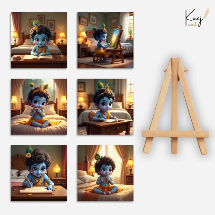 Baby Krishna Mini Canvas Painting (4x4 Inches) with Wooden Easel Stand 6