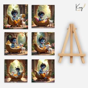 Kunjcart Baby Krishna with Calf Mini Canvas Painting (4x4 Inches) with Wooden Easel Stand (6 Painting + 1 Easel Stand) – Cute Devotional Art for Home & Gifting