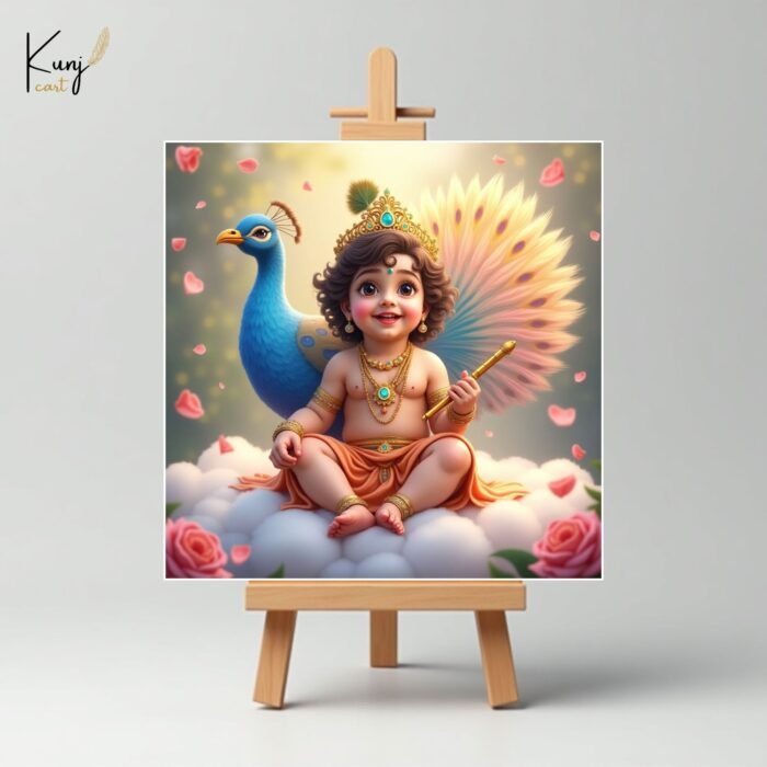 Baby Krishna with Peacock Mini Canvas Painting1