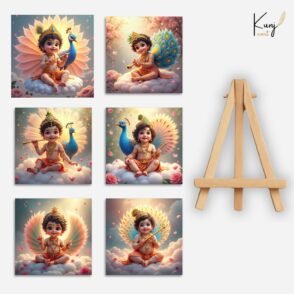 Kunjcart Baby Krishna with Peacock Mini Canvas Painting (4x4 Inches) with Wooden Easel Stand (6 Painting + 1 Easel Stand) – Divine Art for Temple & Gifting
