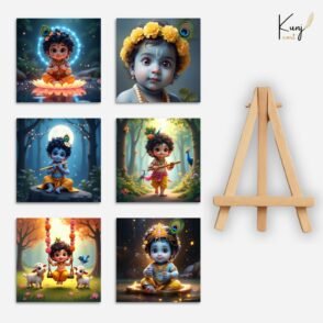 KunjCart Baby Radha Krishna Mini Canvas Painting | Divine Bal Gopal Collection (6 Painting + 1 Easel Stand)