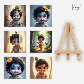 KunjCart Bal Krishna Mini Canvas Painting Set | 6 HD Prints + 1 Wooden Easel | Cute Baby Krishna Art Décor Gift