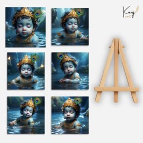 Divine Baby Krishna Mini Canvas Painting Set (6 Painting + 1 Easel Stand) | 4x4 inch by Kunjcart