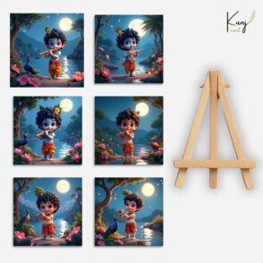 Kunjcart Baby Krishna Flute Mini Canvas Painting (4x4 Inches) with Wooden Easel Stand (6 Painting + 1 Easel Stand) – Moonlight Krishna Art for Devotional Decor