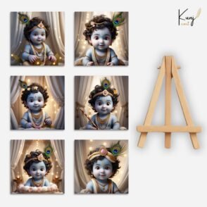 KunjCart Little Cute Krishna Mini Paintings | Set Of 6 HD Prints + 1 Wooden Easel Stand | Table & Gift Decor