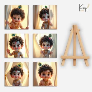 KunjCart Baby Krishna Ji Mini Canvas Painting Set | 6 HD Prints + 1 Wooden Easel Stand | Cute Mini Painting for Table & Gift Décor