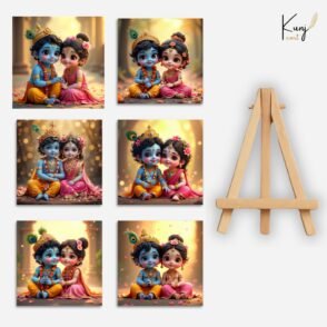 Kunjcart Little Krishna & Radha Love Mini Canvas Painting (4x4 Inches) with Wooden Easel Stand (6 Painting + 1 Easel Stand) | Divine Love Artwork for Devotional & Festive Gifting