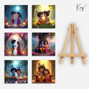 Kunjcart Radha Krishna Baby Mini Canvas Painting Set – Love & Peace Collection (Set of 6) with 1 Wooden Easel | Divine Couple Artwork for Home & Gift
