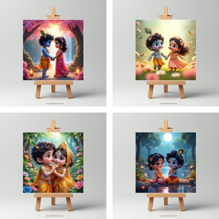 Radha Krishna Mini Canvas Painting | Set of 6 with Wooden Easel5