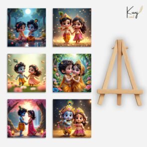 KunjCart Radha Krishna Mini Canvas Painting | Set of 6 with Wooden Easel | Baby Radha Krishna Love Art for Home Décor & Gifting