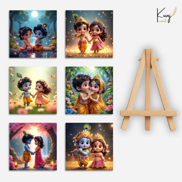 Radha Krishna Mini Canvas Painting | Set of 6 with Wooden Easel6