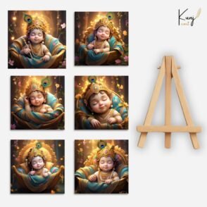 Sleeping Baby Krishna Mini Canvas Painting (6 Painting + 1 Easel Stand) – 4x4 inch by Kunjcart