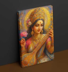 Saraswati Devi Painting on Canvas | Modern Goddess Saraswati Artwork with Lotus & Veena | HD Bright Colors 