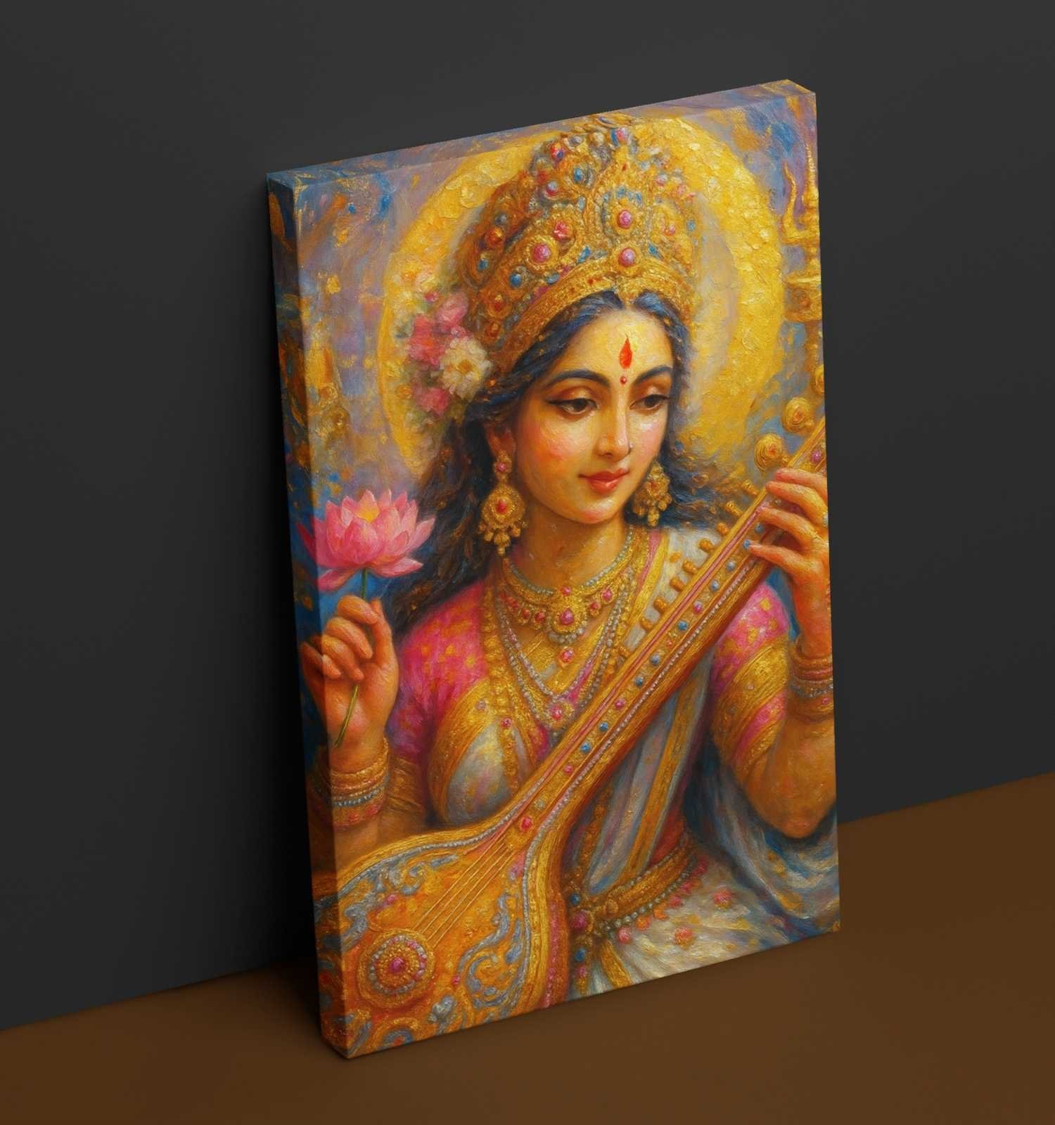 Saraswati Devi Painting on Canvas | Modern Goddess Saraswati Artwork with Lotus & Veena | HD Bright Colors 