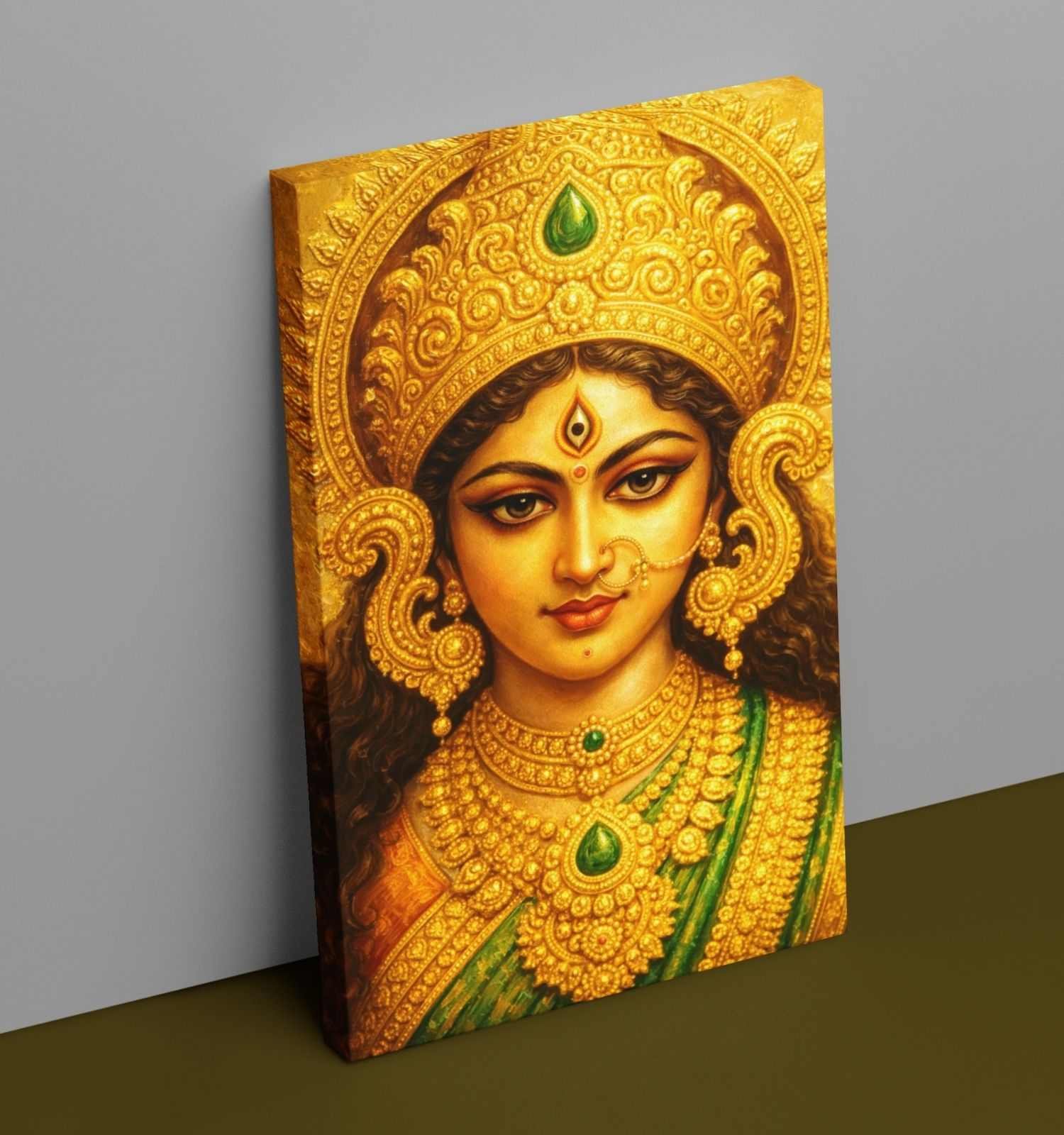 Durga Canvas Painting | Traditional Abstract Maa Durga Painting on Canvas with Green & Gold Color Tones, Royal Look, HD Quality Wall Art for Home or Office