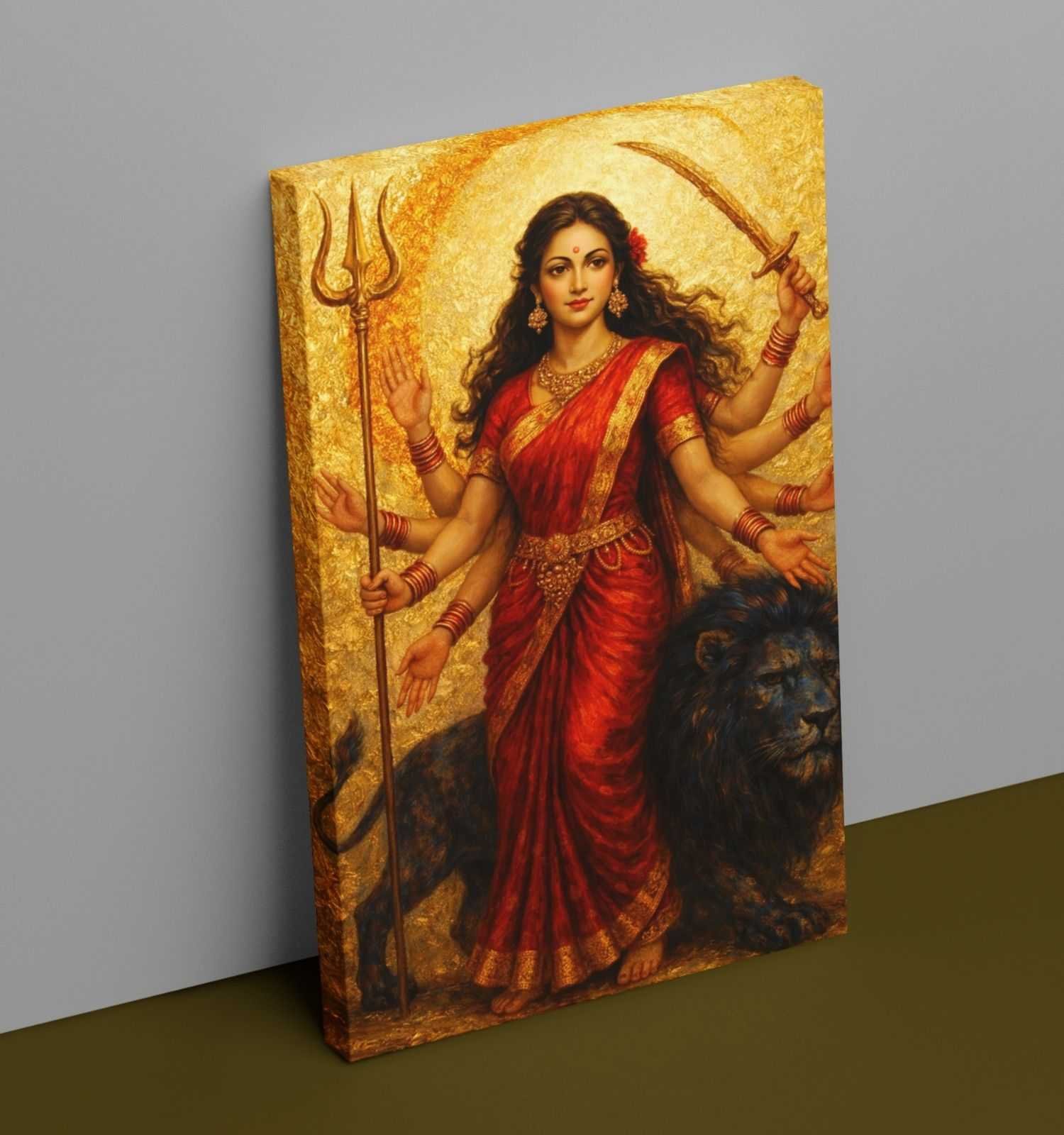 Maa Durga Canvas Painting for Wall Decoration | Red Saree Maa Durga with Lion | Abstract Background