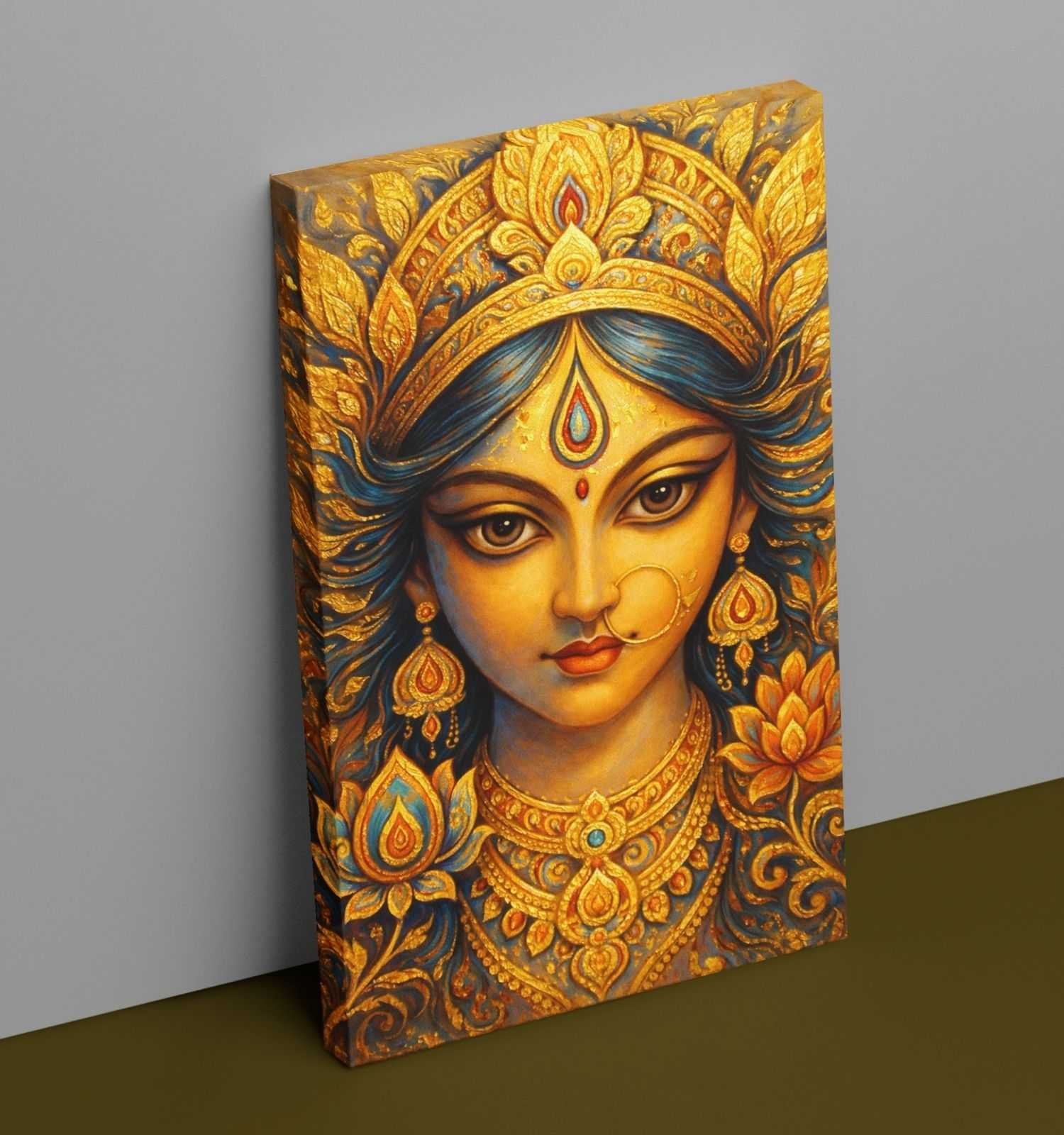 Durga Canvas Painting | Vibrant Abstract Maa Durga Artwork with Blue & Orange Tones | HD Handmade-Style Spiritual Wall Decor for Home & Office