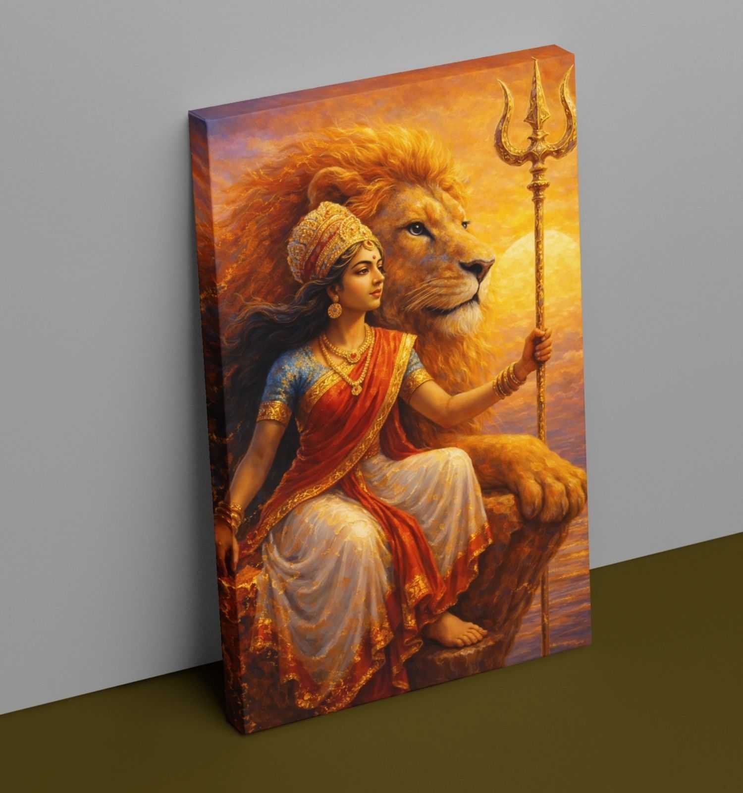 Durga Maa Painting | Abstract Maa Durga Painting on Canvas with Lion & Trishul in Fiery Sunset Colors, HD Print, Divine Wall Art for Spiritual Home & Office Décor