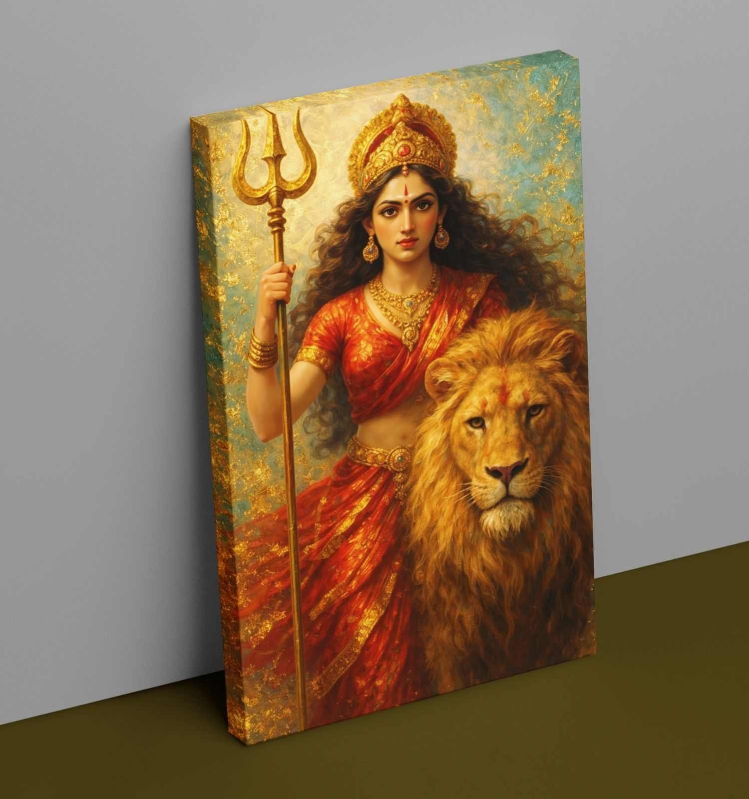 Maa Durga Wall Painting | Powerful Maa Durga Painting with Lion & Trishul | Abstract Durga Painting on Canvas in Red-Blue Aura