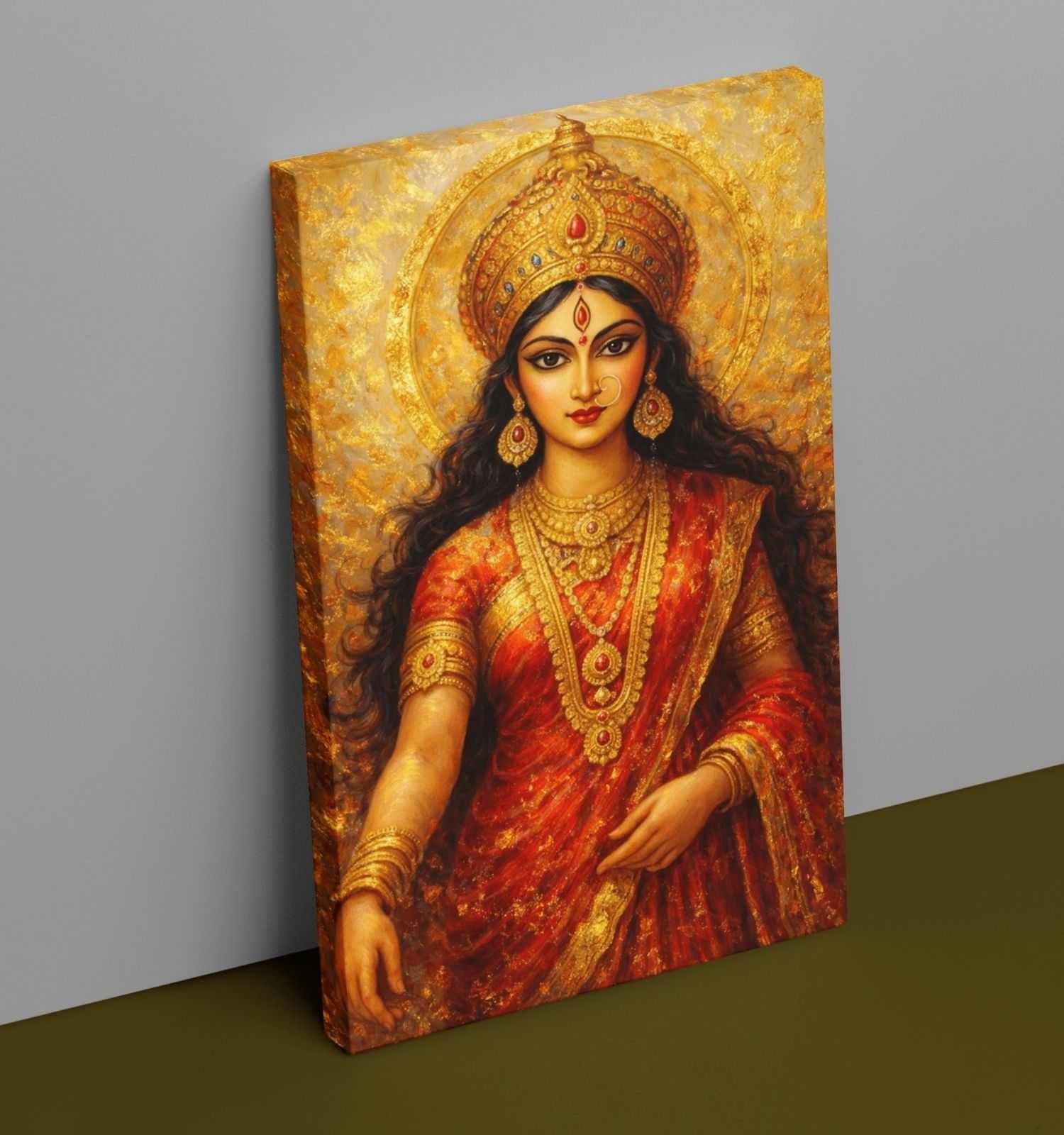 Maa Durga Canvas Painting | Abstract Maa Durga Painting on Canvas in Fiery Orange & Red Tones with Divine Glow | HD Quality Spiritual Artwork for Wall Décor 