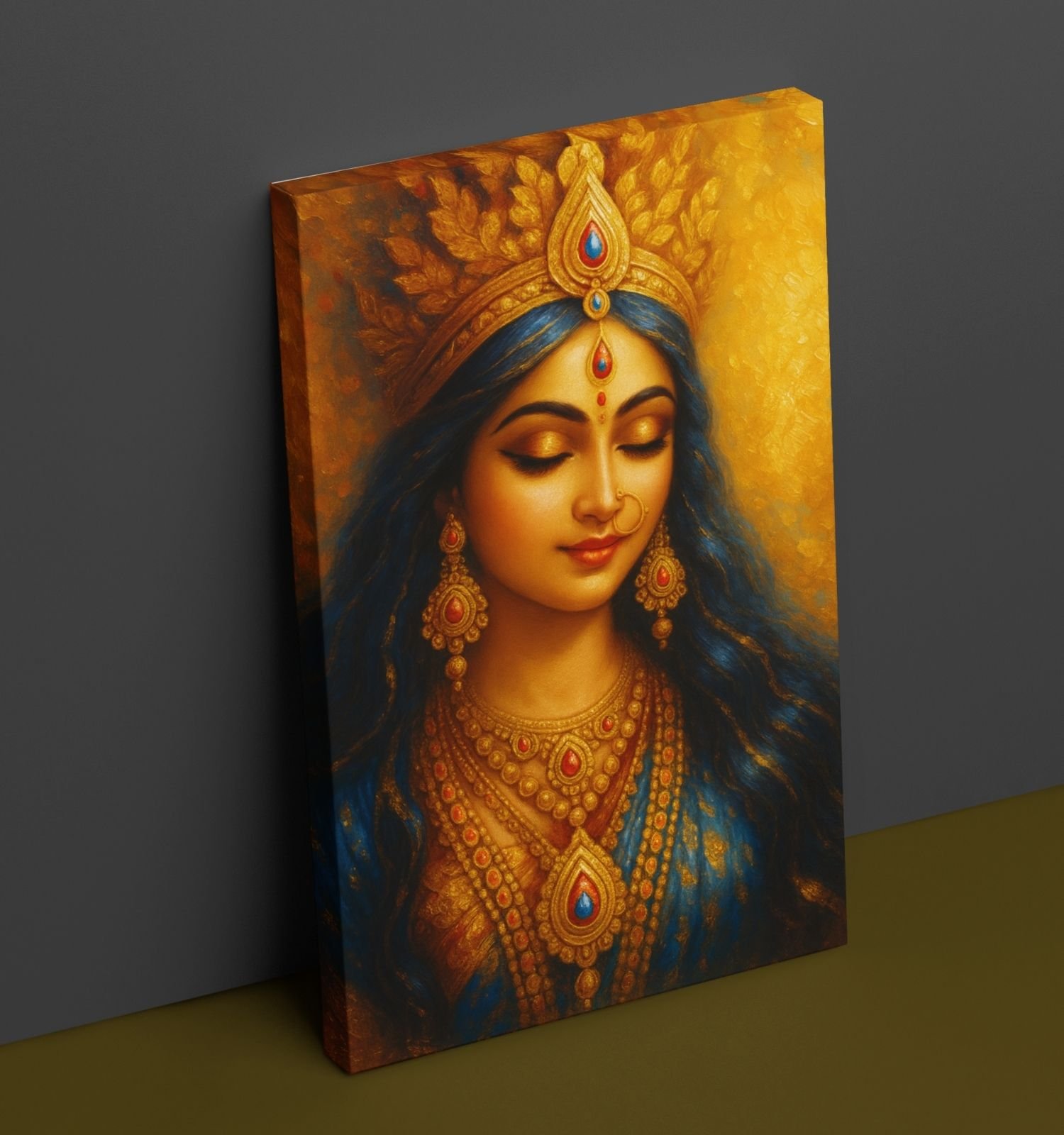 Maa Durga Painting | Abstract Maa Durga Painting on Canvas in Golden Yellow & Deep Blue Tones, Peaceful Expression, HD Quality Wall Art for Spiritual Home Décor 