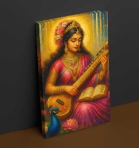 Goddess Saraswati Painting on Canvas | HD Modern Art with Peacock & Veena | Saraswati Devi Wall Decor 