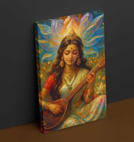 Modern Saraswati Painting on Canvas | Framed/Unframed | Bright Colors, Goddess Saraswati Devi Art for Home Wall Decor