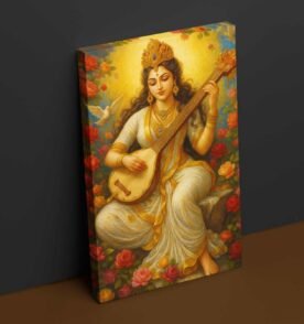 Saraswati Abstract Painting on Canvas | Modern Goddess Saraswati Artwork with Dove & Roses | HD Wall Art