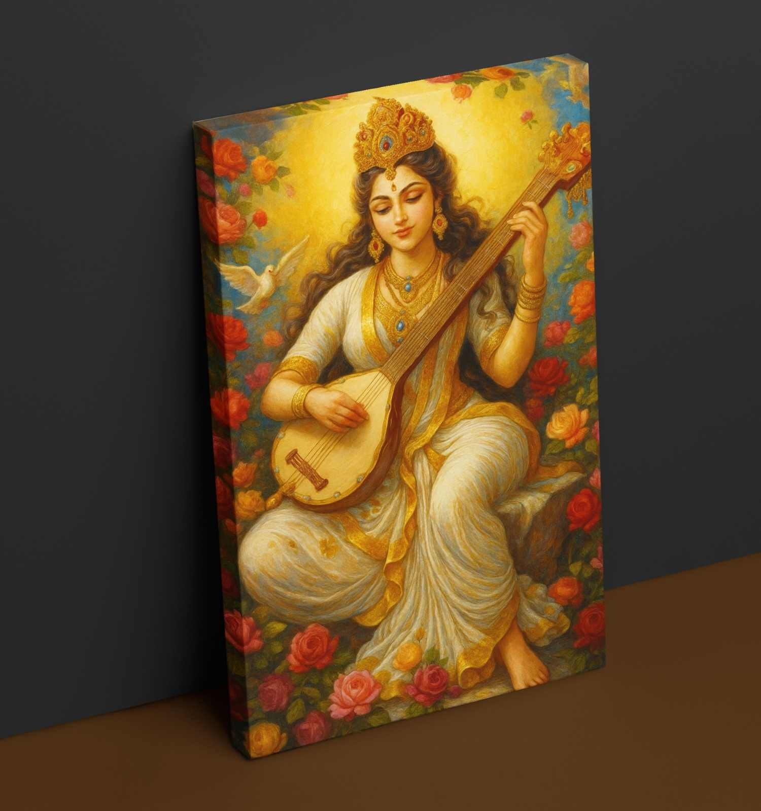 Saraswati Abstract Painting on Canvas | Modern Goddess Saraswati Artwork with Dove & Roses | HD Wall Art