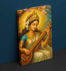 Modern Saraswati Painting on Canvas | Goddess Saraswati Art with Veena & Floral Halo | HD Bright Colors