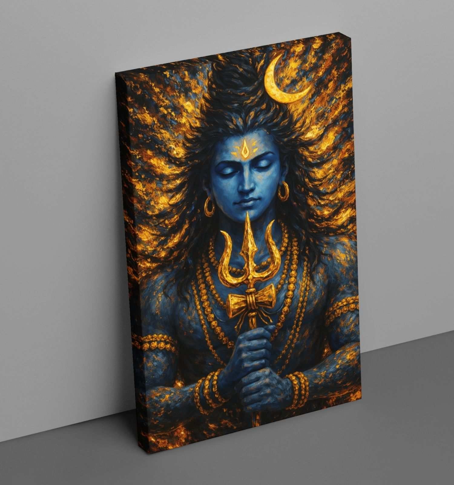 Mahadev Wall Painting for Home Decor | Abstract Lord Shiva Painting on Canvas with Crescent Moon & Trishul | Spiritual Art Poster