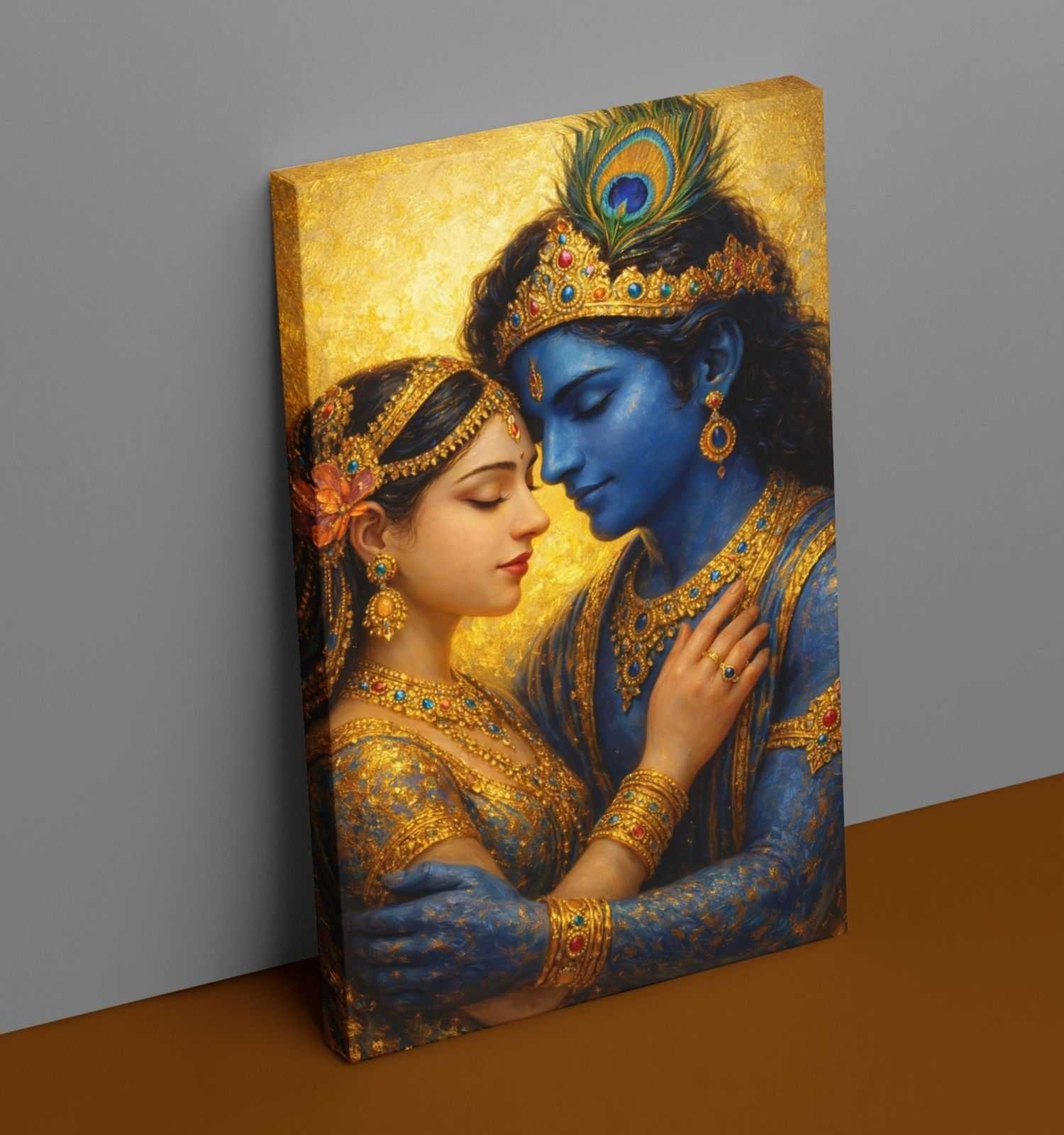Romantic Radha Krishna Painting on Canvas | Divine Couple Embrace with Golden Background | Beautiful Radha Krishna Painting 