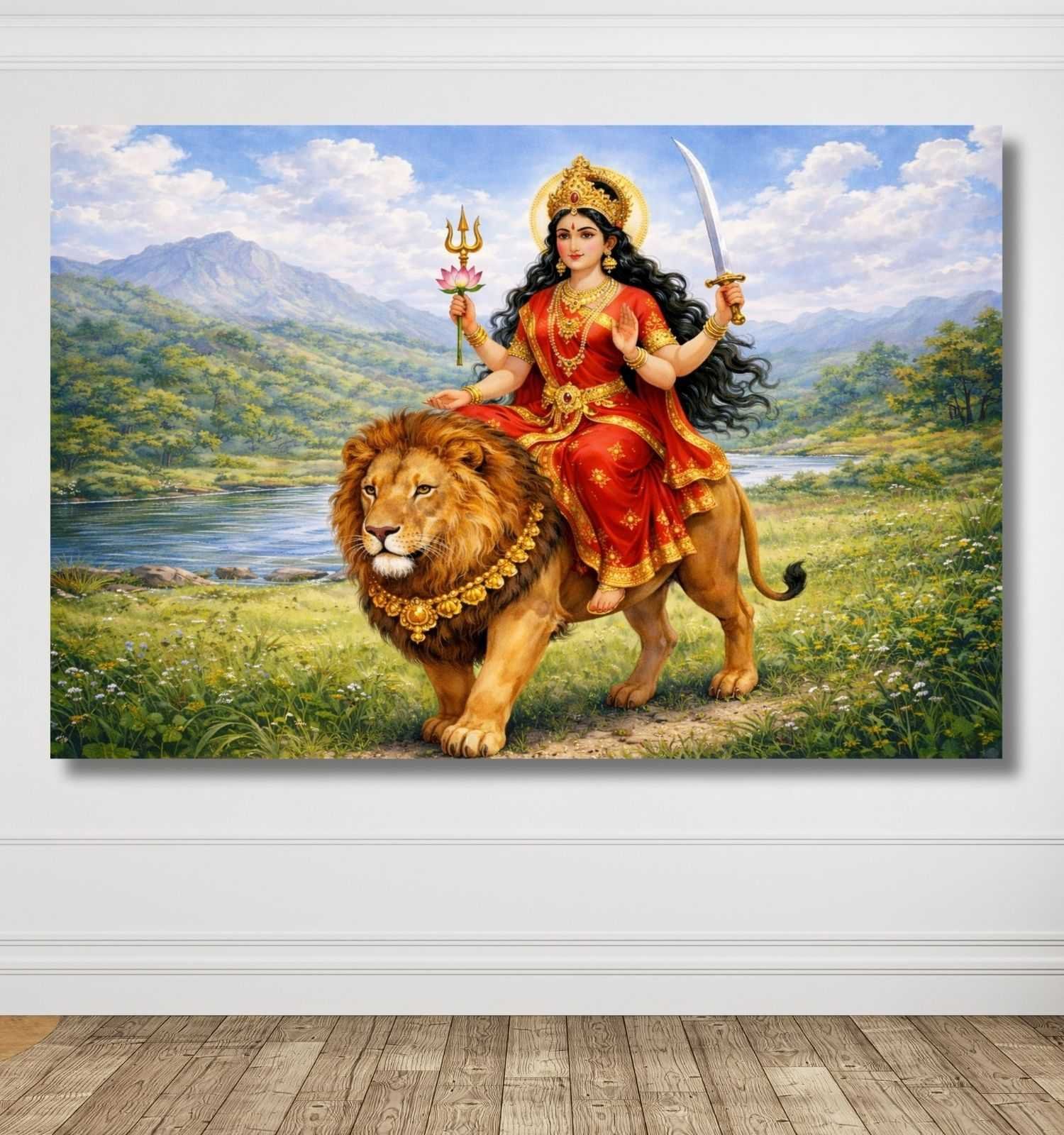 Maa Durga Wall Painting | Glowing Maa Durga Painting in Fiery Orange & Floral Motifs | Abstract Durga Painting on Canvas for Wall Decor