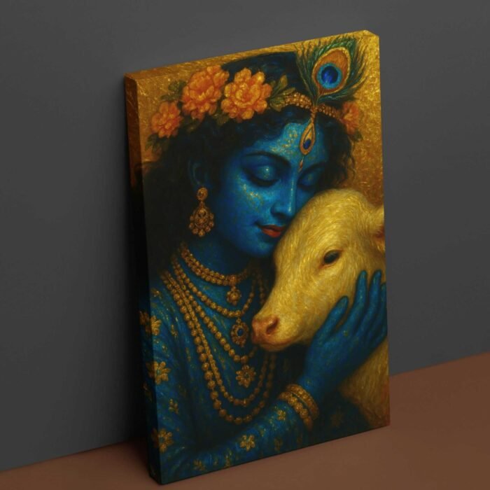 krishna painting with cow on canvas for wall art by kunjcart1