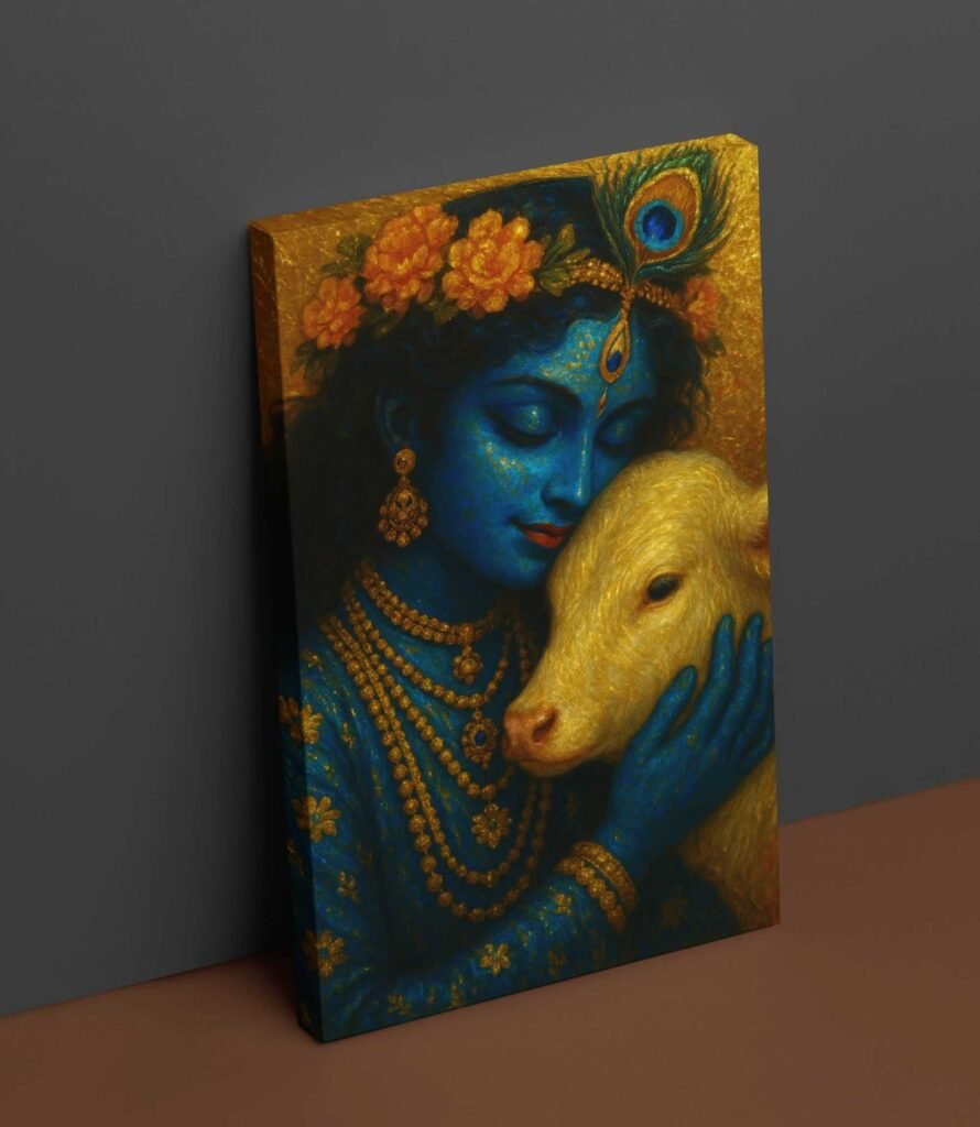 krishna painting with cow on canvas for wall art by kunjcart1