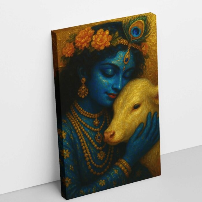 krishna painting with cow on canvas for wall art by kunjcart2