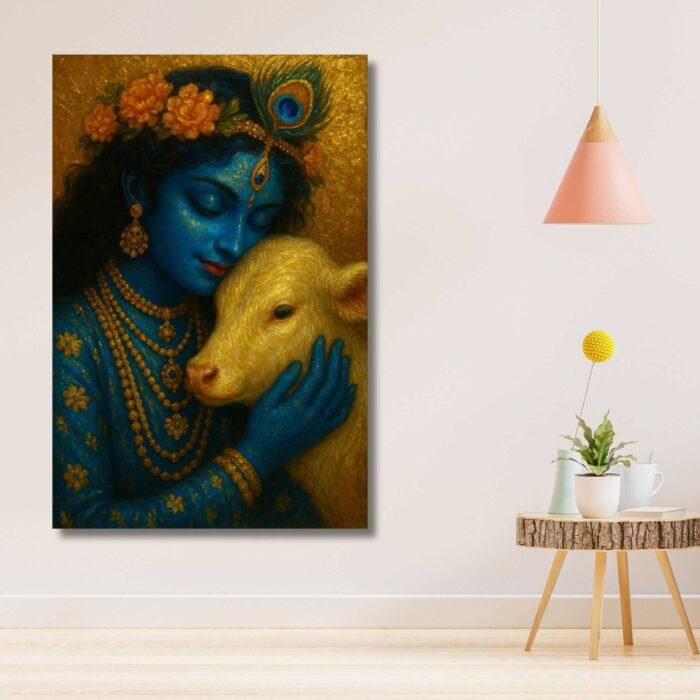 krishna painting with cow on canvas for wall art by kunjcart4