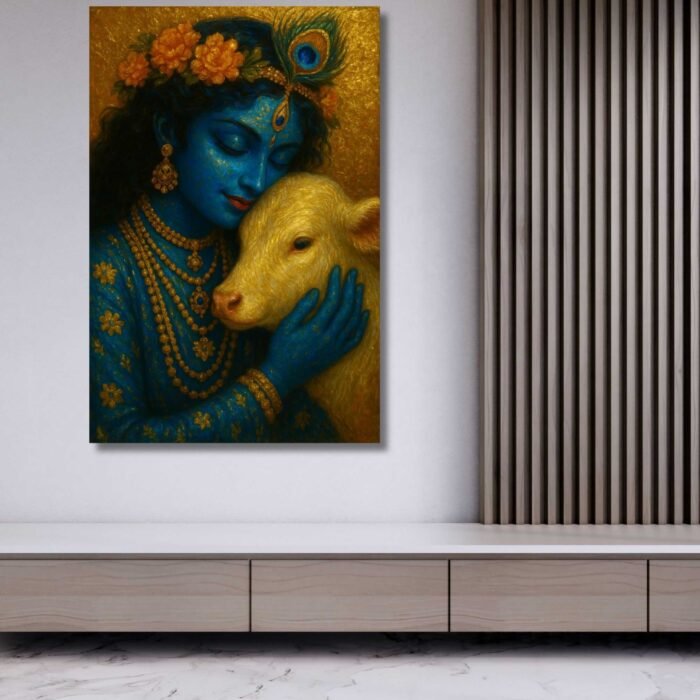 krishna painting with cow on canvas for wall art by kunjcart5