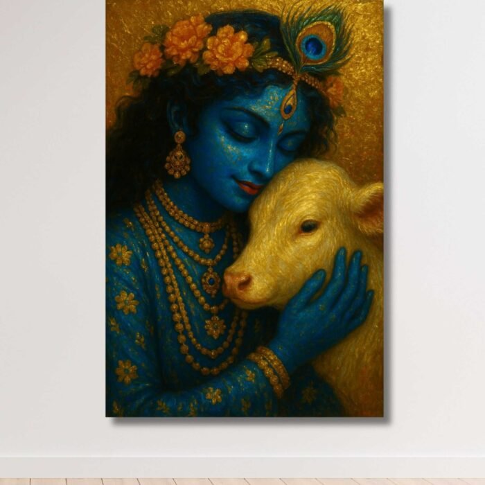 krishna painting with cow on canvas for wall art by kunjcart6