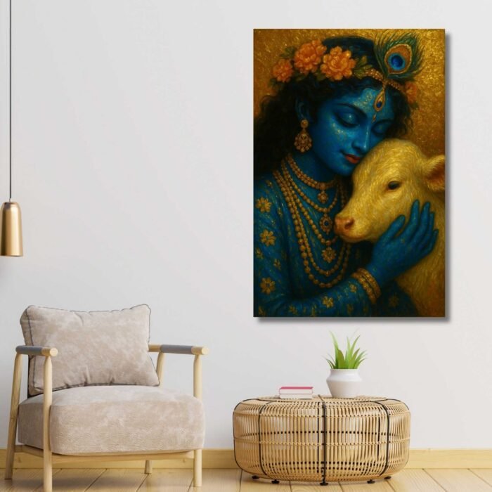 krishna painting with cow on canvas for wall art by kunjcart7