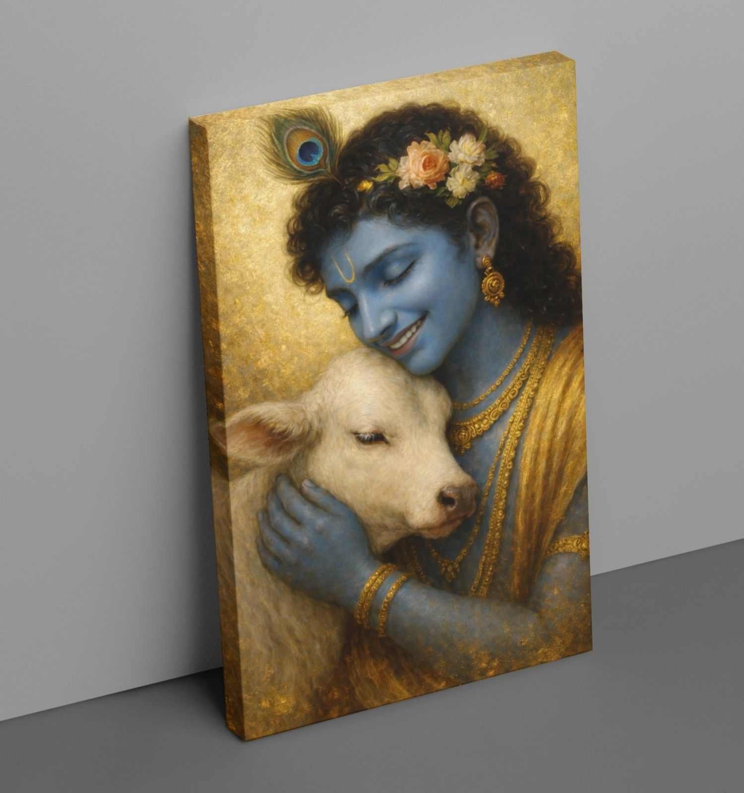 Lord Krishna Painting With Cow | Spiritual Canvas Art with Warm Yellow Aura and Peaceful Expression by KunjCart | radha krishna abstract painting on canvas for Vastu Decor
