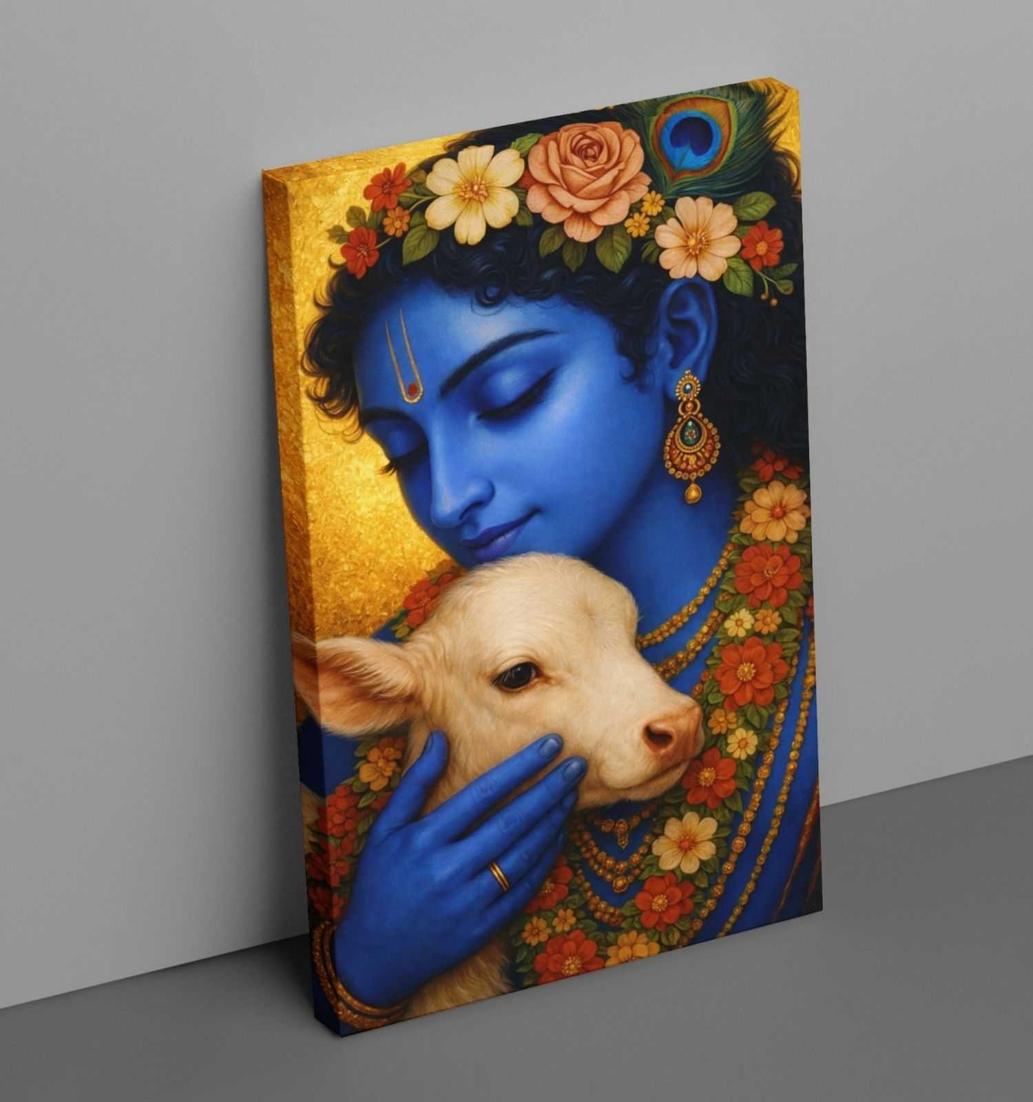 Lord Krishna Painting With Cow in Floral Aura on Canvas | Krishna Painting in Living Room Vastu | KunjCart Abstract Wall Art for Home Décor