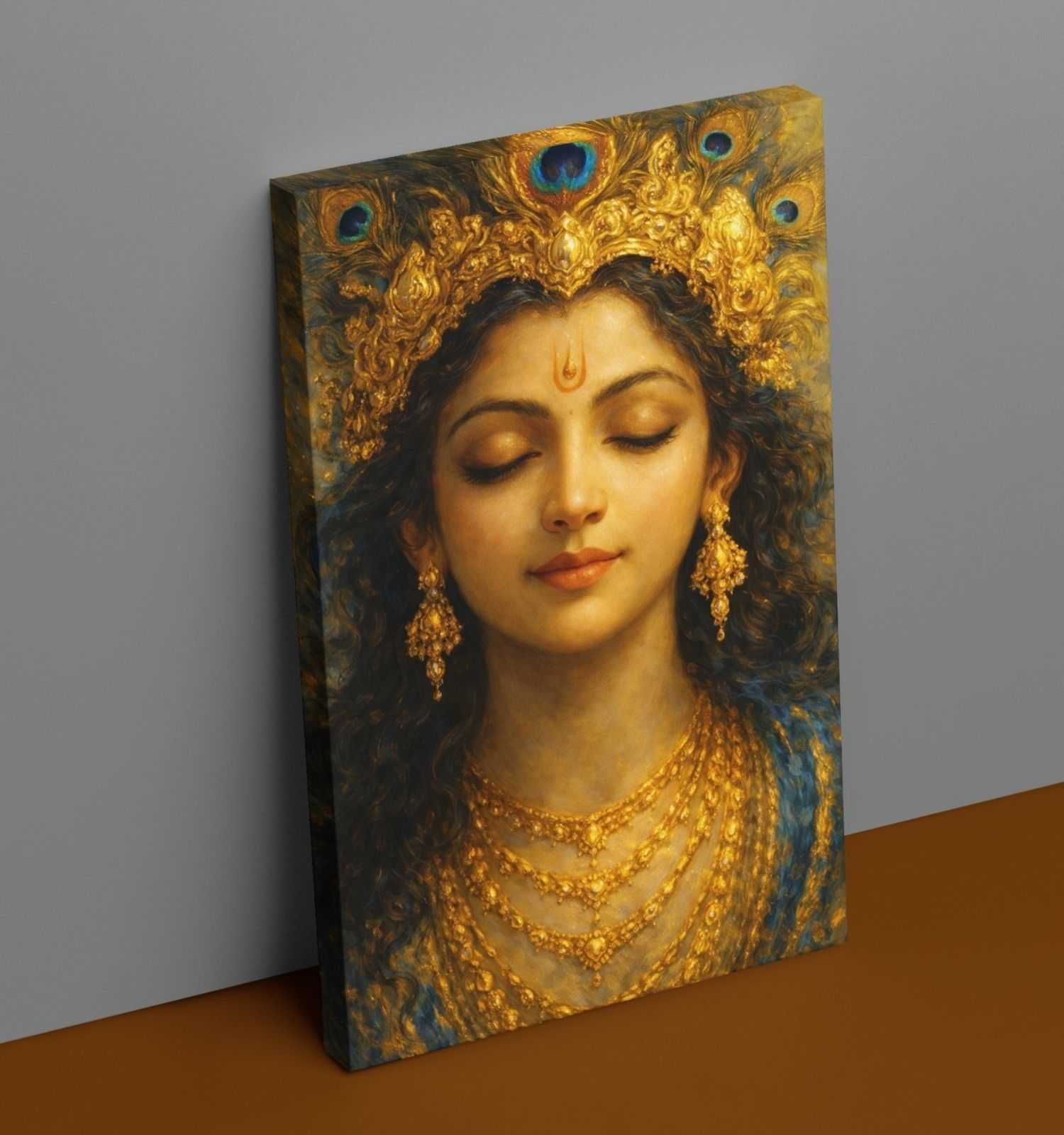 Modern Art Krishna Painting on Canvas | Peaceful Divine Face with Golden Crown and Jewelry | HD Krishna Wall Painting