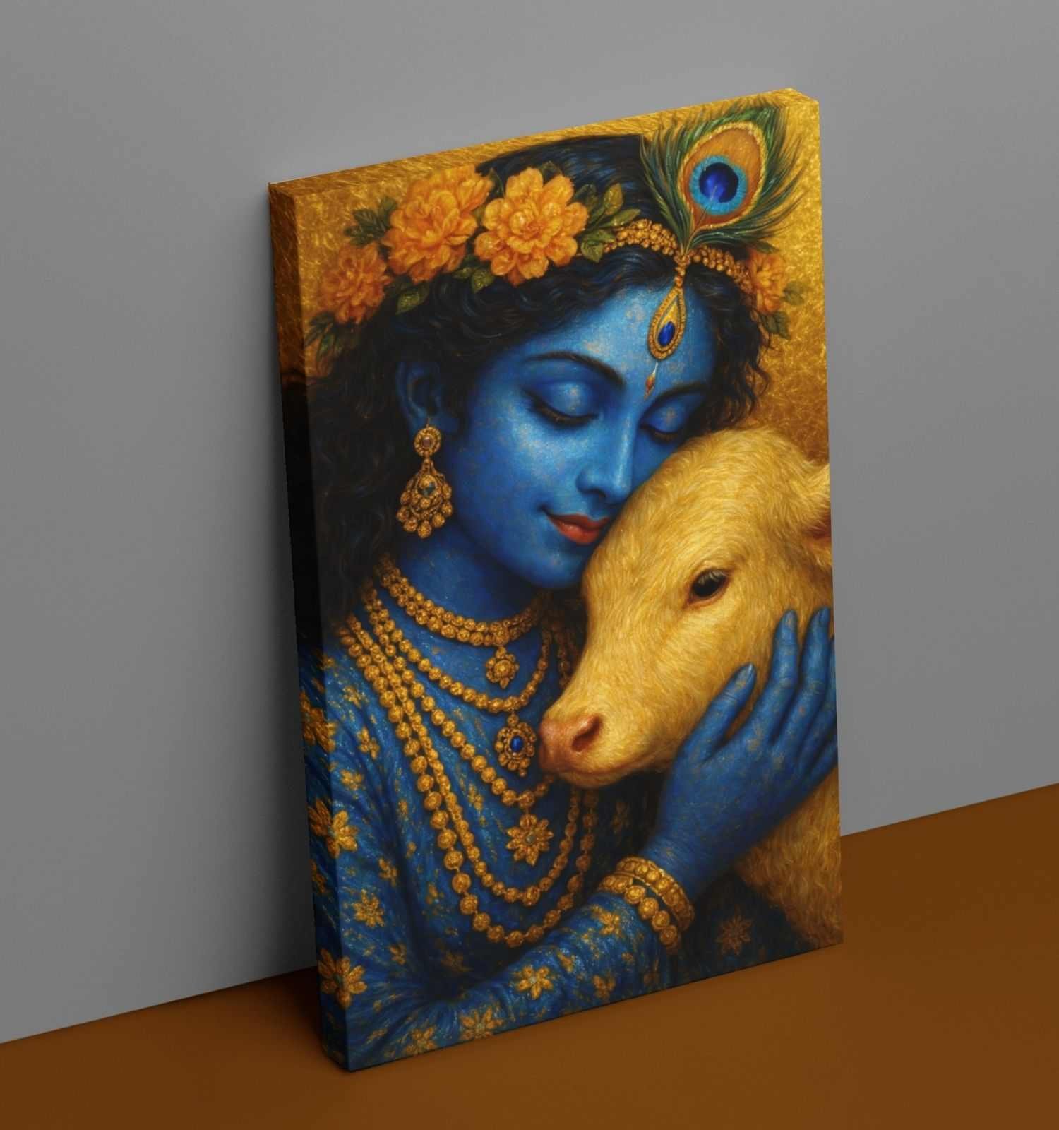 Abstract Krishna Painting With Cow on HD Canvas for Wall Décor | Beautiful Krishna Painting in Bright Blue & Golden Color